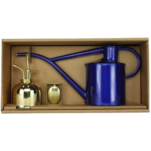 Zimmergießkanne Blau Metallic und Messing-Blumensprüher